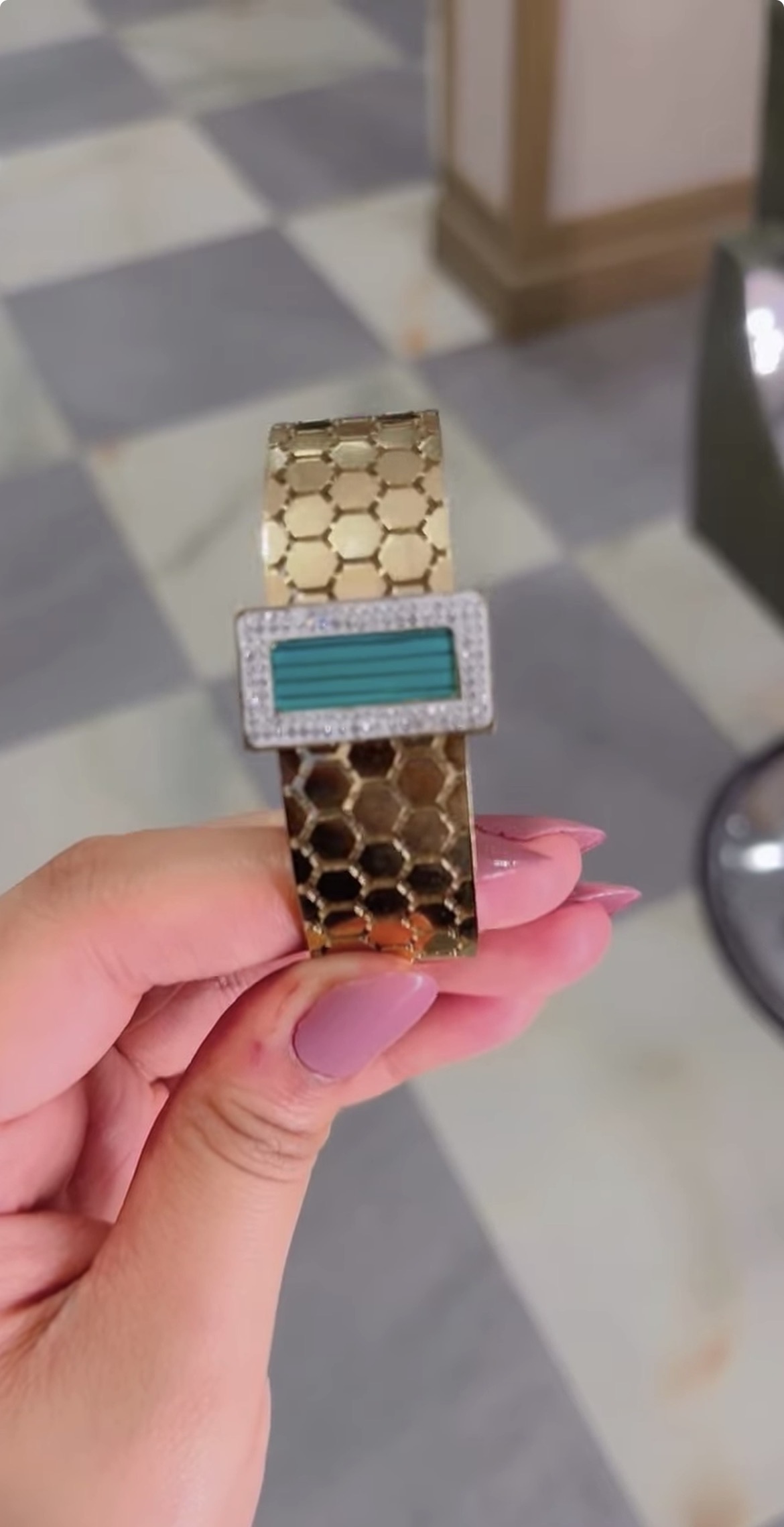 Gold honeycomb texture cuff bracelet with turquoise panel
